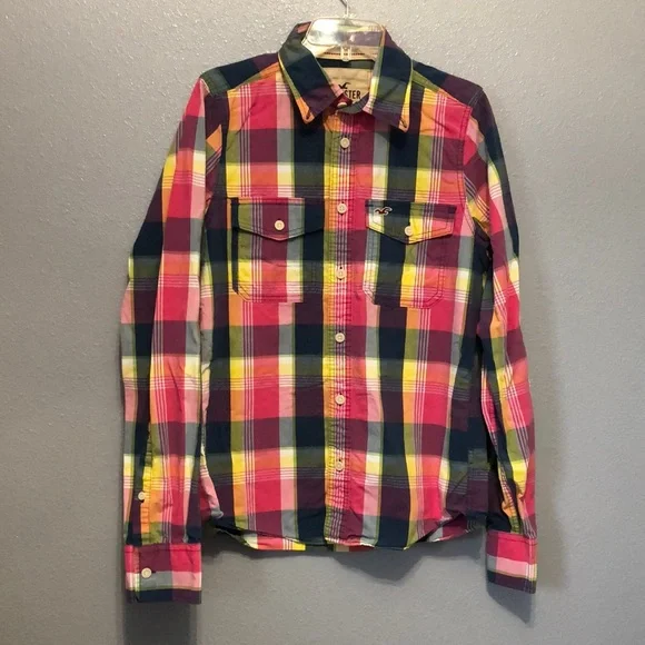 Hollister shirt Men's Large L 100% Cotton plaid long sleeve pink blue green EUC - Picture 1 of 13
